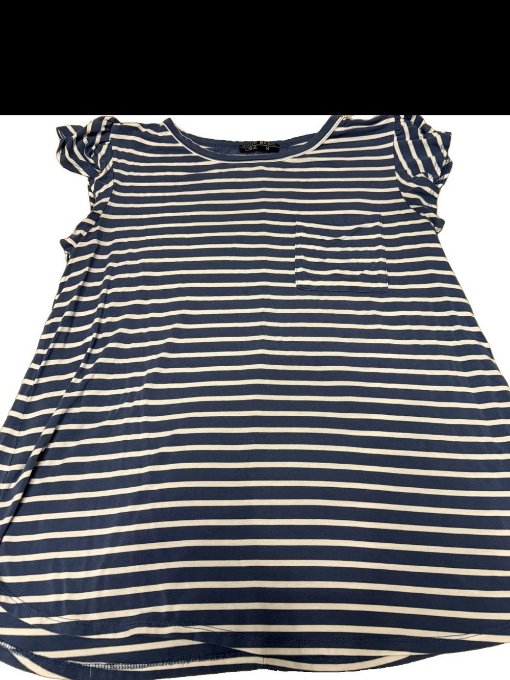 Navy and White Striped Short Sleeve Pocket Blouse with flutter sleeves medium